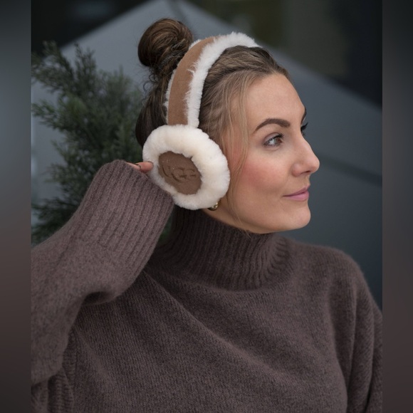 UGG® Embroidered Logo Shearling Earmuffs - Chestnut - Picture 1 of 7